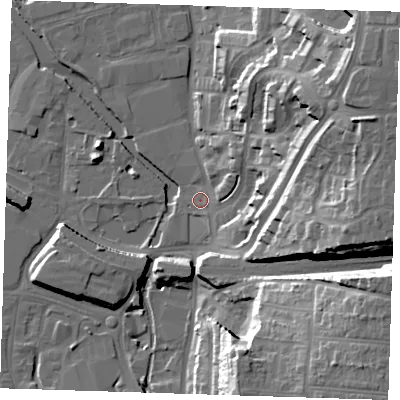 Shaded relief map of the ground around DA15XW, computed from Environment Agency LiDAR. The ground here sits at about 5 m above sea level and falls 32 m across the surrounding 800 m. Surface water reaching this point runs off ground lying to the north-east, 28.2 m higher.
