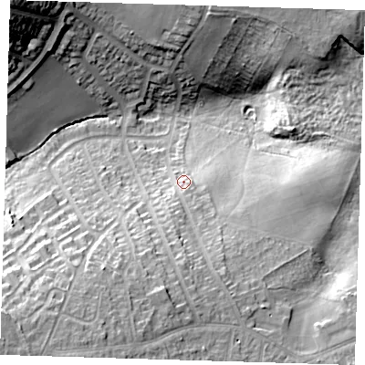 Shaded relief map of the ground around DA163BJ, computed from Environment Agency LiDAR. The ground here sits at about 44 m above sea level and falls 30 m across the surrounding 800 m. Surface water reaching this point runs off ground lying to the south, 11.4 m higher.