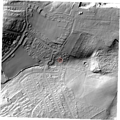 Shaded relief map of the ground around DA163BL, computed from Environment Agency LiDAR. The ground here sits at about 38 m above sea level and falls 35 m across the surrounding 800 m. Surface water reaching this point runs off ground lying to the south-south-west, 22.2 m higher.