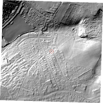 Shaded relief map of the ground around DA163BW, computed from Environment Agency LiDAR. The ground here sits at about 44 m above sea level and falls 31 m across the surrounding 800 m. Surface water reaching this point runs off ground lying to the south-south-east, 11.7 m higher.