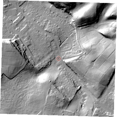 Shaded relief map of the ground around DA163ET, computed from Environment Agency LiDAR. The ground here sits at about 26 m above sea level and falls 41 m across the surrounding 800 m. Surface water reaching this point runs off ground lying to the east, 31.4 m higher.