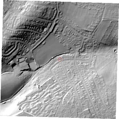 Shaded relief map of the ground around DA163ND, computed from Environment Agency LiDAR. The ground here sits at about 40 m above sea level and falls 34 m across the surrounding 800 m. Surface water reaching this point runs off ground lying to the north-west, 29.7 m higher.