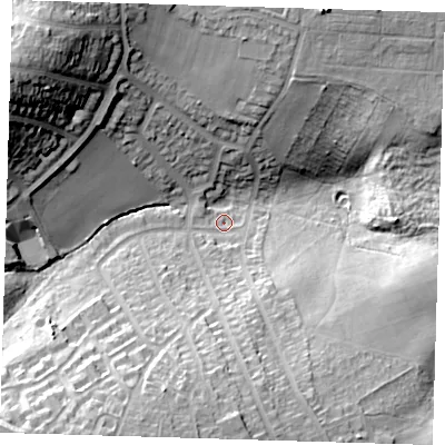 Shaded relief map of the ground around DA163NE, computed from Environment Agency LiDAR. The ground here sits at about 38 m above sea level and falls 33 m across the surrounding 800 m. Surface water reaching this point runs off ground lying to the south-south-west, 12.0 m higher.