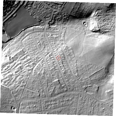 Shaded relief map of the ground around DA163NG, computed from Environment Agency LiDAR. The ground here sits at about 48 m above sea level and falls 28 m across the surrounding 800 m. Surface water reaching this point runs off ground lying to the south-south-west, 13.4 m higher.