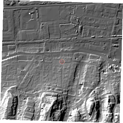 Shaded relief map of the ground around DA175AA, computed from Environment Agency LiDAR. The ground here sits at about 5 m above sea level and falls 50 m across the surrounding 800 m. Surface water reaching this point runs off ground lying to the south, 34.5 m higher.
