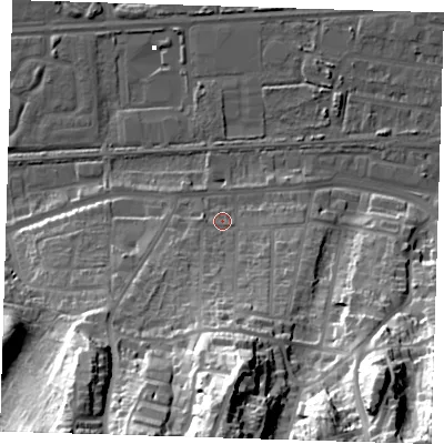 Shaded relief map of the ground around DA175AD, computed from Environment Agency LiDAR. The ground here sits at about 5 m above sea level and falls 49 m across the surrounding 800 m. Surface water reaching this point runs off ground lying to the south, 30.3 m higher.
