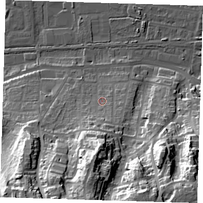 Shaded relief map of the ground around DA175AN, computed from Environment Agency LiDAR. The ground here sits at about 9 m above sea level and falls 51 m across the surrounding 800 m. Surface water reaching this point runs off ground lying to the south, 17.3 m higher.