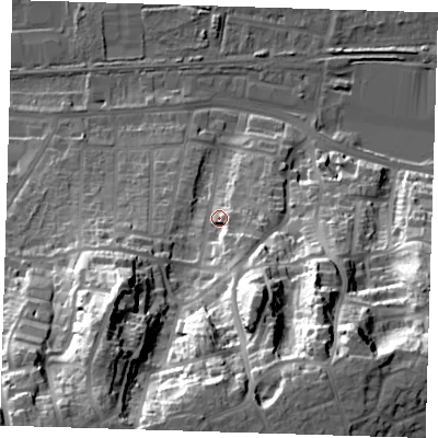 Shaded relief map of the ground around DA175AT, computed from Environment Agency LiDAR. The ground here sits at about 14 m above sea level and falls 53 m across the surrounding 800 m. Surface water reaching this point runs off ground lying to the south-south-east, 15.8 m higher.