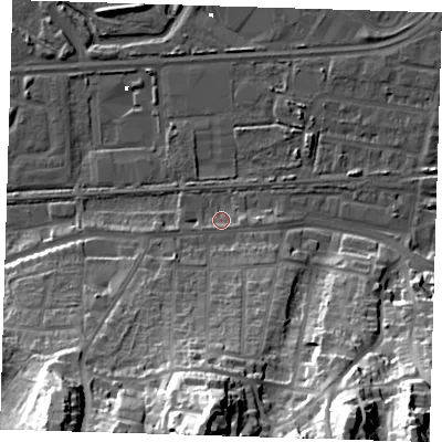 Shaded relief map of the ground around DA175DA, computed from Environment Agency LiDAR. The ground here sits at about 2 m above sea level and falls 44 m across the surrounding 800 m. Surface water reaching this point runs off ground lying to the south, 36.4 m higher.