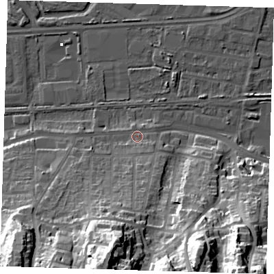 Shaded relief map of the ground around DA175DB, computed from Environment Agency LiDAR. The ground here sits at about 4 m above sea level and falls 49 m across the surrounding 800 m. Surface water reaching this point runs off ground lying to the south-east, 3.2 m higher.