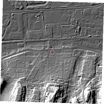 Shaded relief map of the ground around DA175DD, computed from Environment Agency LiDAR. The ground here sits at about 4 m above sea level and falls 47 m across the surrounding 800 m. Surface water reaching this point runs off ground lying to the south, 43.4 m higher.