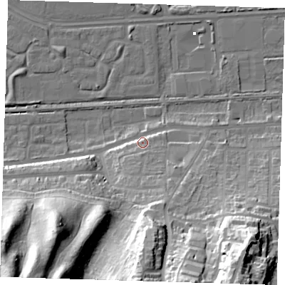 Shaded relief map of the ground around DA175DE, computed from Environment Agency LiDAR. The ground here sits at about 6 m above sea level and falls 51 m across the surrounding 800 m. Surface water reaching this point runs off ground lying to the south-south-east, 9.5 m higher.