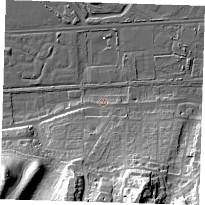 Shaded relief map of the ground around DA175DF, computed from Environment Agency LiDAR. The ground here sits at about 3 m above sea level and falls 46 m across the surrounding 800 m. Surface water reaching this point runs off ground lying to the south-south-west, 10.6 m higher.
