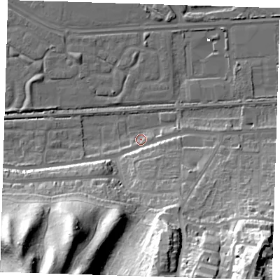 Shaded relief map of the ground around DA175DG, computed from Environment Agency LiDAR. The ground here sits at about 2 m above sea level and falls 50 m across the surrounding 800 m. Surface water reaching this point runs off ground lying to the south-south-east, 11.8 m higher.