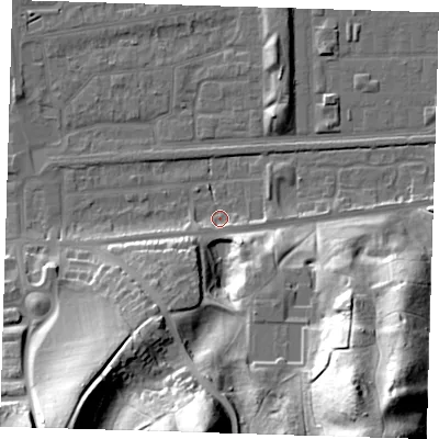 Shaded relief map of the ground around DA175DH, computed from Environment Agency LiDAR. The ground here sits at about 2 m above sea level and falls 48 m across the surrounding 800 m. Surface water reaching this point runs off ground lying to the south-east, 46.7 m higher.