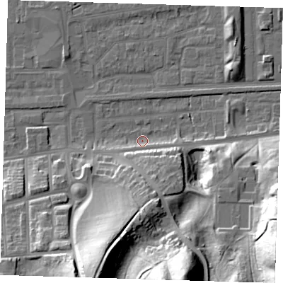 Shaded relief map of the ground around DA175DJ, computed from Environment Agency LiDAR. The ground here sits at about 2 m above sea level and falls 44 m across the surrounding 800 m. Surface water reaching this point runs off ground lying to the south-south-east, 43.4 m higher.