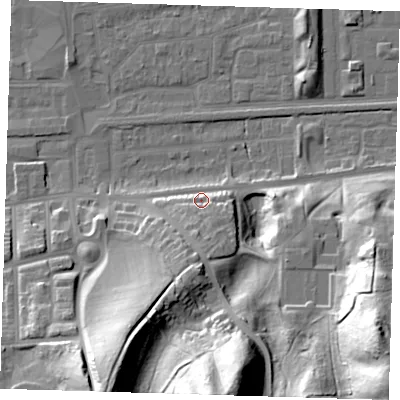 Shaded relief map of the ground around DA175DL, computed from Environment Agency LiDAR. The ground here sits at about 7 m above sea level and falls 48 m across the surrounding 800 m. Surface water reaching this point runs off ground lying to the south-south-east, 8.3 m higher.