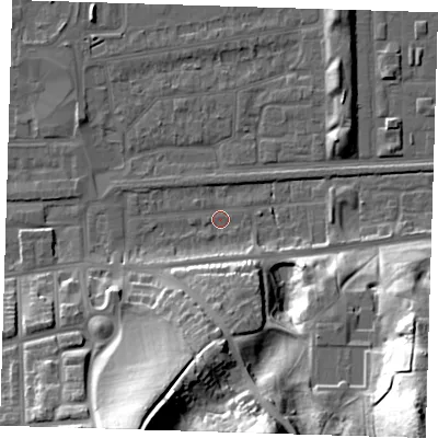 Shaded relief map of the ground around DA175DP, computed from Environment Agency LiDAR. The ground here sits at about 1 m above sea level and falls 47 m across the surrounding 800 m. Surface water reaching this point runs off ground lying to the south-east, 46.4 m higher.