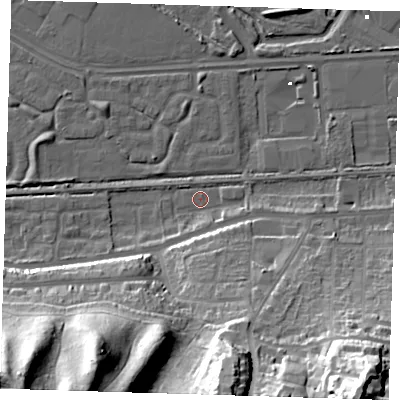 Shaded relief map of the ground around DA175DQ, computed from Environment Agency LiDAR. The ground here sits at about 1 m above sea level and falls 46 m across the surrounding 800 m. Surface water reaching this point runs off ground lying to the south-east, 43.7 m higher.
