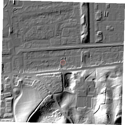 Shaded relief map of the ground around DA175DS, computed from Environment Agency LiDAR. The ground here sits at about 1 m above sea level and falls 47 m across the surrounding 800 m. Surface water reaching this point runs off ground lying to the south-east, 46.4 m higher.