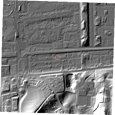 Shaded relief map of the ground around DA175DT, computed from Environment Agency LiDAR. The ground here sits at about 1 m above sea level and falls 46 m across the surrounding 800 m. Surface water reaching this point runs off ground lying to the south-east, 46.1 m higher.