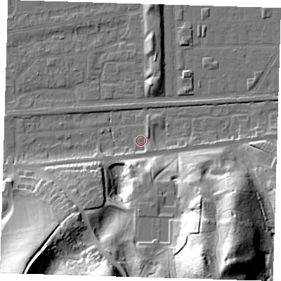 Shaded relief map of the ground around DA175DY, computed from Environment Agency LiDAR. The ground here sits at about 2 m above sea level and falls 47 m across the surrounding 800 m. Surface water reaching this point runs off ground lying to the south-south-east, 2.3 m higher.