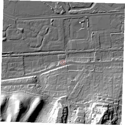Shaded relief map of the ground around DA175FB, computed from Environment Agency LiDAR. The ground here sits at about 2 m above sea level and falls 46 m across the surrounding 800 m. Surface water reaching this point runs off ground lying to the south, 11.7 m higher.