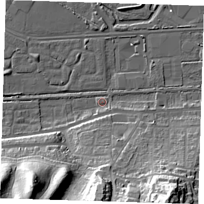 Shaded relief map of the ground around DA175FD, computed from Environment Agency LiDAR. The ground here sits at about 2 m above sea level and falls 44 m across the surrounding 800 m. Surface water reaching this point runs off ground lying to the south-south-east, 42.5 m higher.