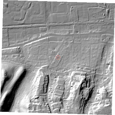 Shaded relief map of the ground around DA175HH, computed from Environment Agency LiDAR. The ground here sits at about 12 m above sea level and falls 53 m across the surrounding 800 m. Surface water reaching this point runs off ground lying to the south-south-west, 42.1 m higher.