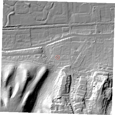 Shaded relief map of the ground around DA175HN, computed from Environment Agency LiDAR. The ground here sits at about 11 m above sea level and falls 56 m across the surrounding 800 m. Surface water reaching this point runs off ground lying to the south-south-east, 25.0 m higher.