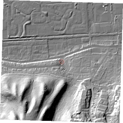 Shaded relief map of the ground around DA175HQ, computed from Environment Agency LiDAR. The ground here sits at about 5 m above sea level and falls 54 m across the surrounding 800 m. Surface water reaching this point runs off ground lying to the south-south-west, 46.8 m higher.