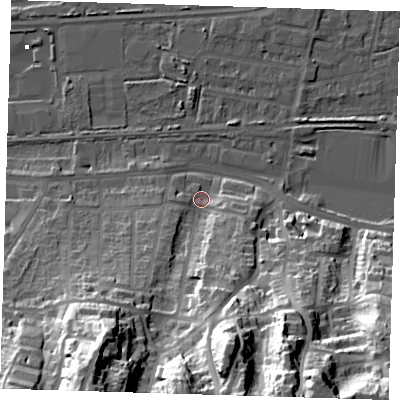 Shaded relief map of the ground around DA175PR, computed from Environment Agency LiDAR. The ground here sits at about 4 m above sea level and falls 50 m across the surrounding 800 m. Surface water reaching this point runs off ground lying to the south-south-west, 45.1 m higher.