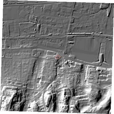 Shaded relief map of the ground around DA175PU, computed from Environment Agency LiDAR. The ground here sits at about 6 m above sea level and falls 50 m across the surrounding 800 m. Surface water reaching this point runs off ground lying to the south-south-west, 6.5 m higher.