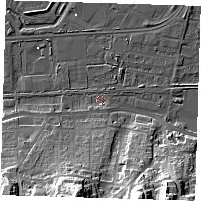 Shaded relief map of the ground around DA175PW, computed from Environment Agency LiDAR. The ground here sits at about 2 m above sea level and falls 43 m across the surrounding 800 m. Surface water reaching this point runs off ground lying to the south-south-west, 2.7 m higher.