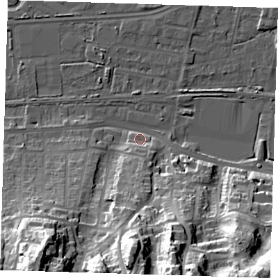 Shaded relief map of the ground around DA175PX, computed from Environment Agency LiDAR. The ground here sits at about 3 m above sea level and falls 49 m across the surrounding 800 m. Surface water reaching this point runs off ground lying to the south-south-east, 46.9 m higher.