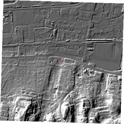 Shaded relief map of the ground around DA175PZ, computed from Environment Agency LiDAR. The ground here sits at about 3 m above sea level and falls 49 m across the surrounding 800 m. Surface water reaching this point runs off ground lying to the south-south-west, 44.8 m higher.