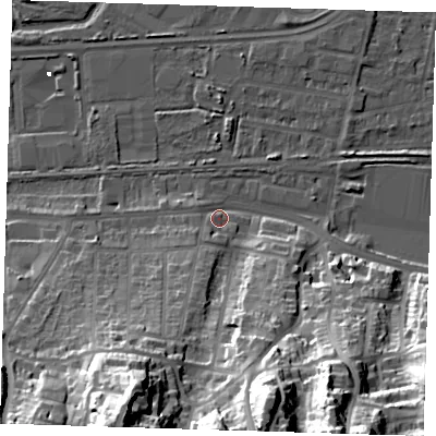 Shaded relief map of the ground around DA175QA, computed from Environment Agency LiDAR. The ground here sits at about 3 m above sea level and falls 49 m across the surrounding 800 m. Surface water reaching this point runs off ground lying to the south-south-west, 14.3 m higher.