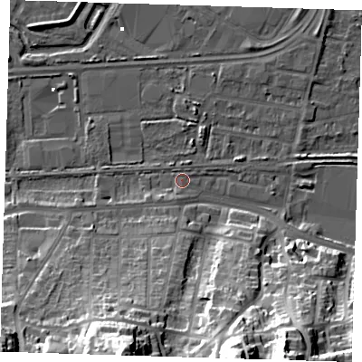 Shaded relief map of the ground around DA175QB, computed from Environment Agency LiDAR. The ground here sits at about 2 m above sea level and falls 43 m across the surrounding 800 m. Surface water reaching this point runs off ground lying to the south-west, 2.7 m higher.