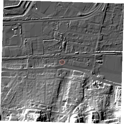 Shaded relief map of the ground around DA175QD, computed from Environment Agency LiDAR. The ground here sits at about 1 m above sea level and falls 43 m across the surrounding 800 m. Surface water reaching this point runs off ground lying to the south-south-east, 41.3 m higher.