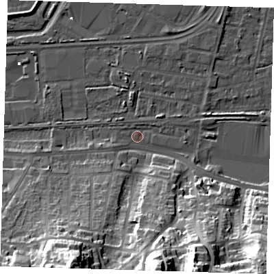 Shaded relief map of the ground around DA175QE, computed from Environment Agency LiDAR. The ground here sits at about 1 m above sea level and falls 43 m across the surrounding 800 m. Surface water reaching this point runs off ground lying to the south, 41.3 m higher.