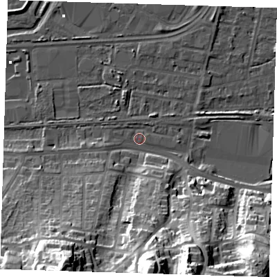 Shaded relief map of the ground around DA175QF, computed from Environment Agency LiDAR. The ground here sits at about 1 m above sea level and falls 43 m across the surrounding 800 m. Surface water reaching this point runs off ground lying to the south-south-east, 41.4 m higher.