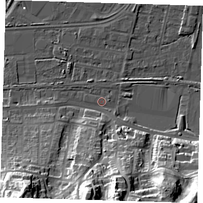 Shaded relief map of the ground around DA175QG, computed from Environment Agency LiDAR. The ground here sits at about 1 m above sea level and falls 43 m across the surrounding 800 m. Surface water reaching this point runs off ground lying to the south, 41.5 m higher.