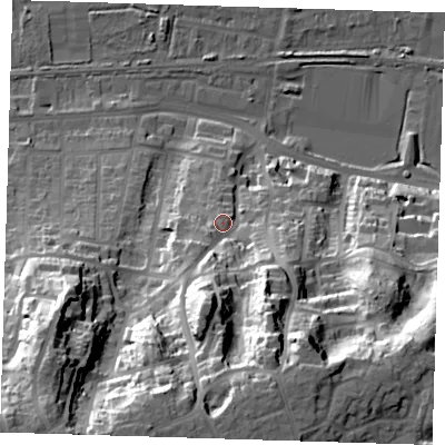 Shaded relief map of the ground around DA175QH, computed from Environment Agency LiDAR. The ground here sits at about 16 m above sea level and falls 53 m across the surrounding 800 m. Surface water reaching this point runs off ground lying to the south, 32.8 m higher.