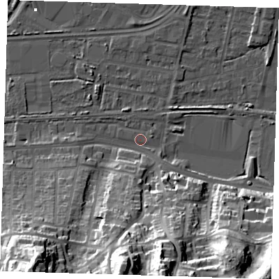 Shaded relief map of the ground around DA175QQ, computed from Environment Agency LiDAR. The ground here sits at about 1 m above sea level and falls 43 m across the surrounding 800 m. Surface water reaching this point runs off ground lying to the south, 41.6 m higher.