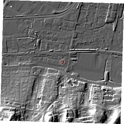 Shaded relief map of the ground around DA175QS, computed from Environment Agency LiDAR. The ground here sits at about 2 m above sea level and falls 43 m across the surrounding 800 m. Surface water reaching this point runs off ground lying to the south-east, 1.0 m higher.