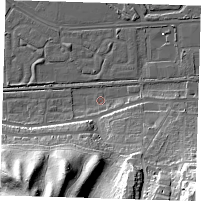 Shaded relief map of the ground around DA175QX, computed from Environment Agency LiDAR. The ground here sits at about 1 m above sea level and falls 48 m across the surrounding 800 m. Surface water reaching this point runs off ground lying to the south-south-west, 43.3 m higher.