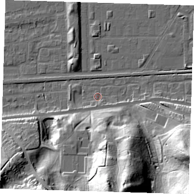 Shaded relief map of the ground around DA175RE, computed from Environment Agency LiDAR. The ground here sits at about 2 m above sea level and falls 47 m across the surrounding 800 m. Surface water reaching this point runs off ground lying to the south, 2.2 m higher.