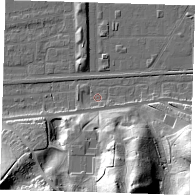 Shaded relief map of the ground around DA175RG, computed from Environment Agency LiDAR. The ground here sits at about 1 m above sea level and falls 47 m across the surrounding 800 m. Surface water reaching this point runs off ground lying to the south-east, 2.3 m higher.