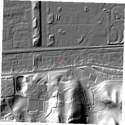 Shaded relief map of the ground around DA175RH, computed from Environment Agency LiDAR. The ground here sits at about 2 m above sea level and falls 51 m across the surrounding 800 m. Surface water reaching this point runs off ground lying to the south-west, 2.2 m higher.