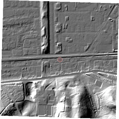 Shaded relief map of the ground around DA175RJ, computed from Environment Agency LiDAR. The ground here sits at about 1 m above sea level and falls 40 m across the surrounding 800 m. Surface water reaching this point runs off ground lying to the south, 31.6 m higher.